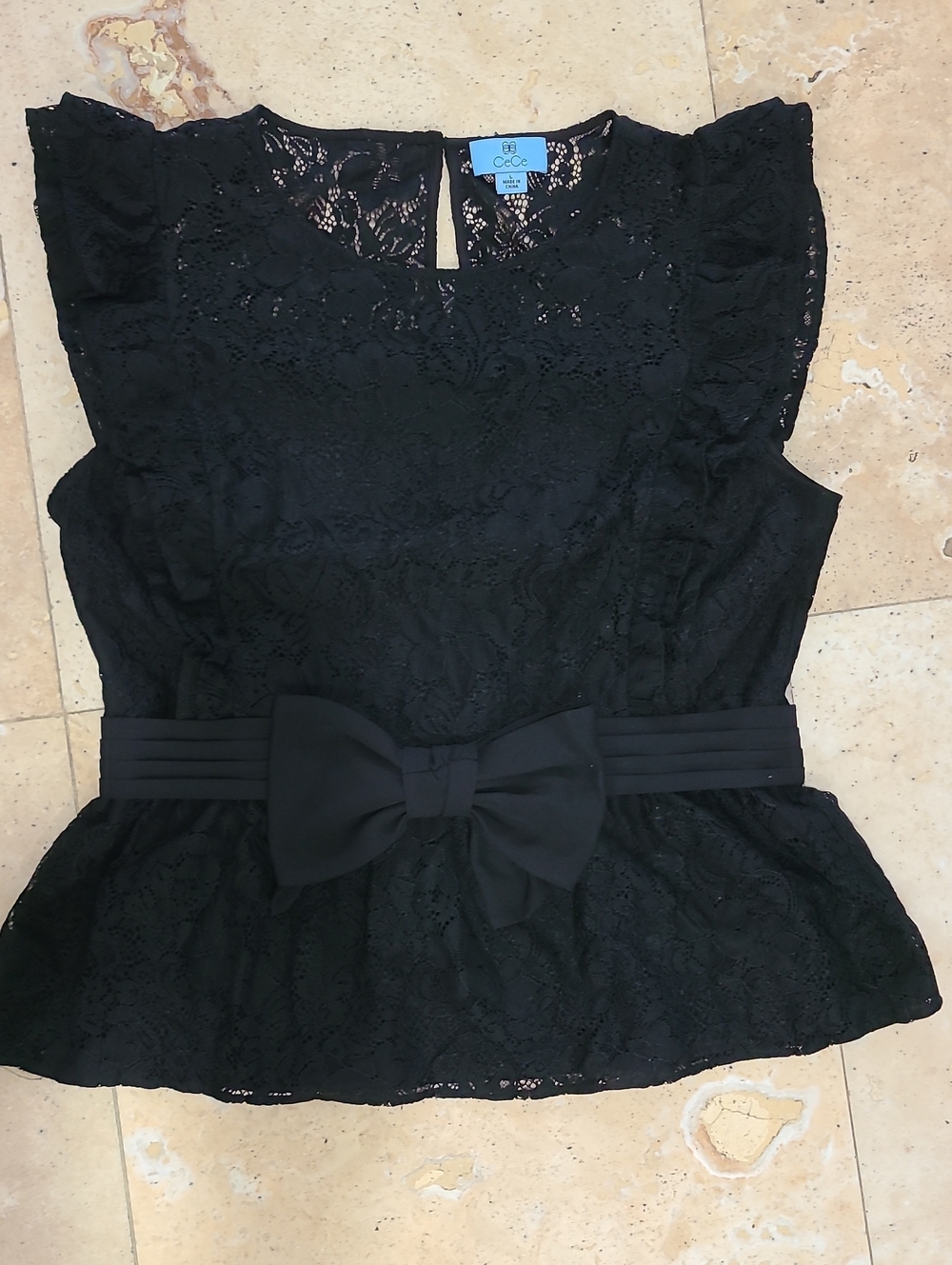 CeCe Black Lace Peplum Top with Bow Waist